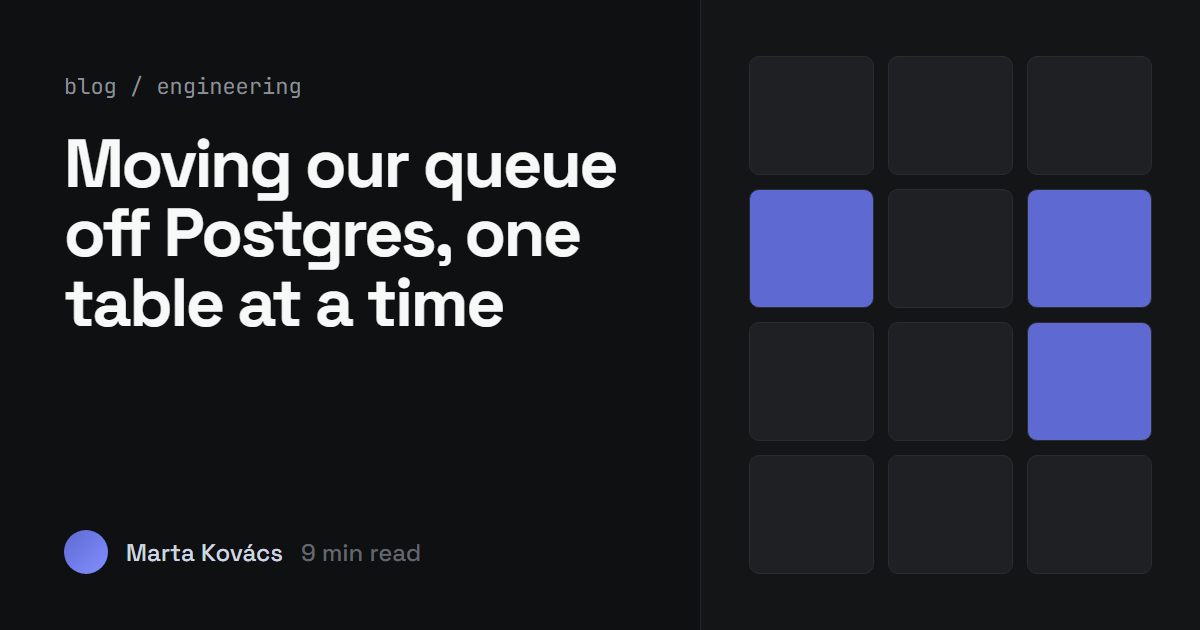 Blog post card with a CSS Grid of twelve tiles beside the headline Moving our queue off Postgres, one table at a time